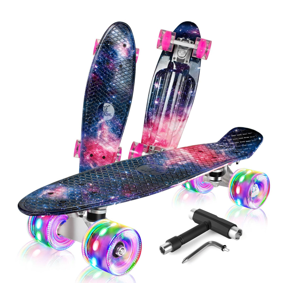 BELEEV Skateboard Komplette 22 Zoll Mini Cruiser Skateboard für Kinder Jugendliche Erwachsene, LED L