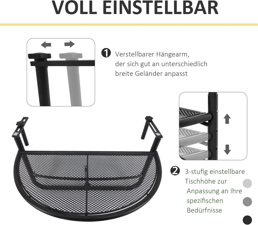Outsunny Balkonhängetisch Hängetisch Gartentisch höhenverstellbar halbrund Ø30 cm Terrasse Metall We