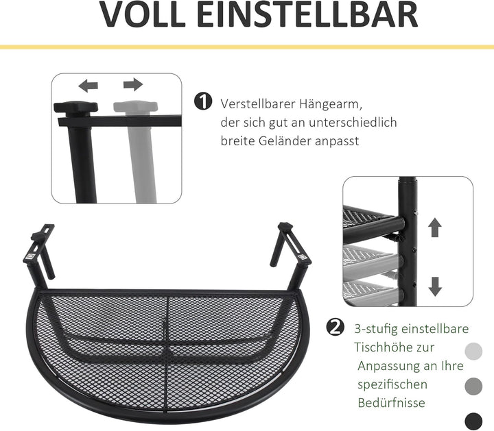 Outsunny Balkonhängetisch Hängetisch Gartentisch höhenverstellbar halbrund Ø30 cm Terrasse Metall We
