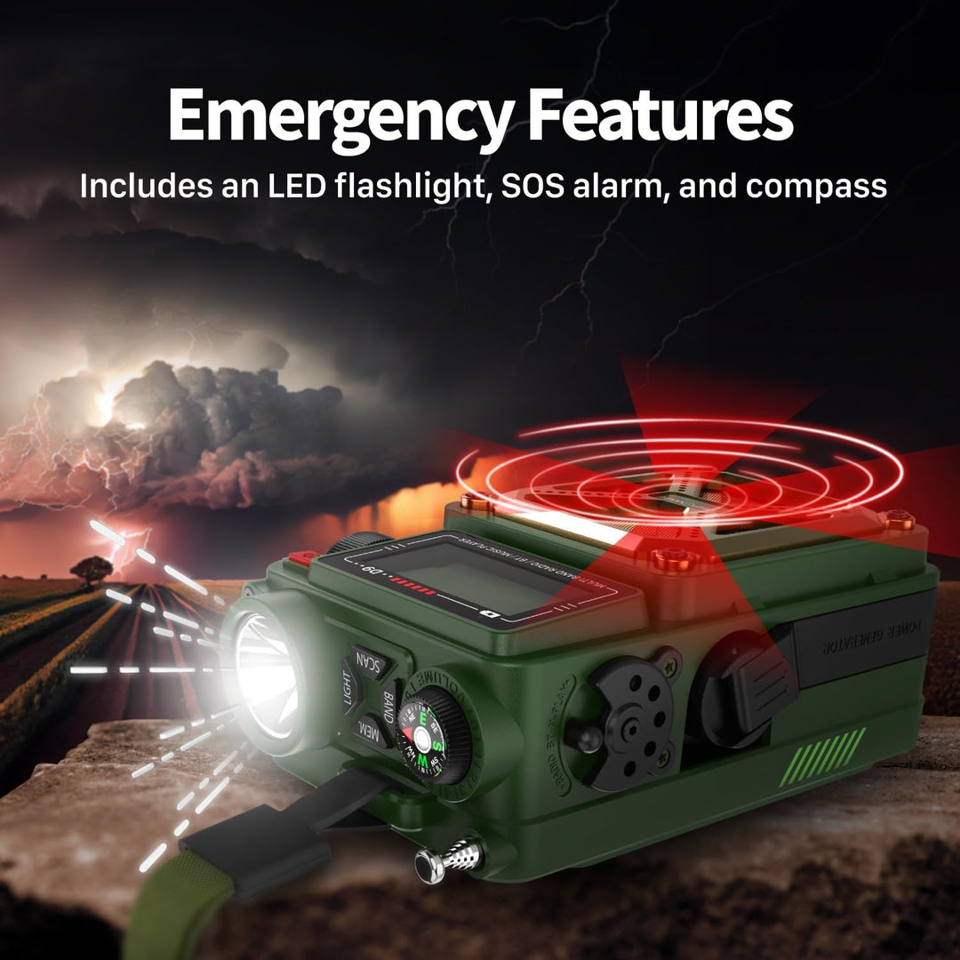 FosPower Solar Crank Radio Model D9 with LCD, Flashlight AM/FM/WB and Bank d'power Supply 4,000 mAh