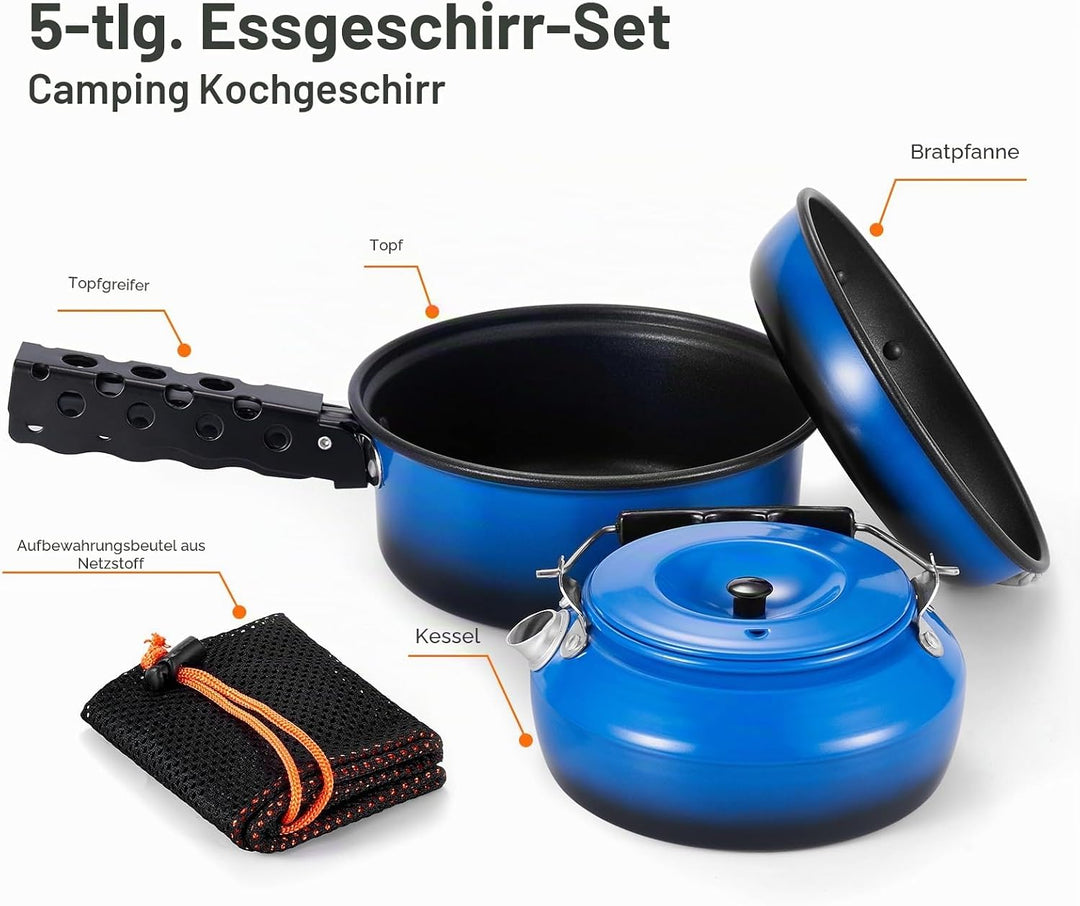 Odoland 5pcs Camping Geschirr Set, Antihaft-Leichtgewicht Topf Pfanne Kettle Set mit einem abnehmbar