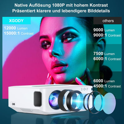 4K Support Beamer mit 5G WiFi und Bluetooth, XGODY X1 12000L Native 1080P HD Eingebaute Android OS P