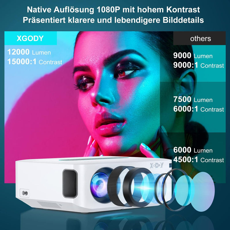 4K Support Beamer mit 5G WiFi und Bluetooth, XGODY X1 12000L Native 1080P HD Eingebaute Android OS P