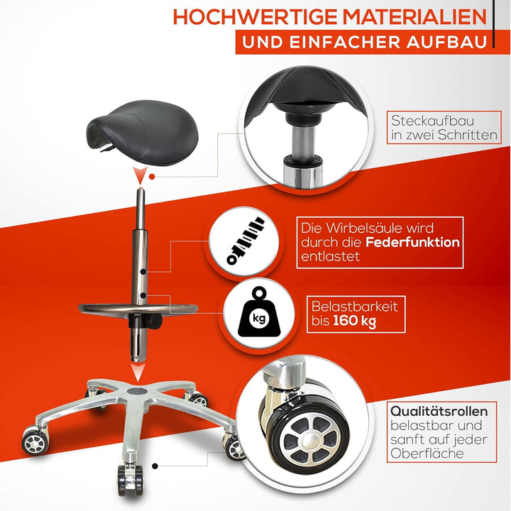 VAKON SALON - Ergonomischer Sattelhocker auf Rollen, höhenverstellbar von 55-75 cm mit Fussring - Dr