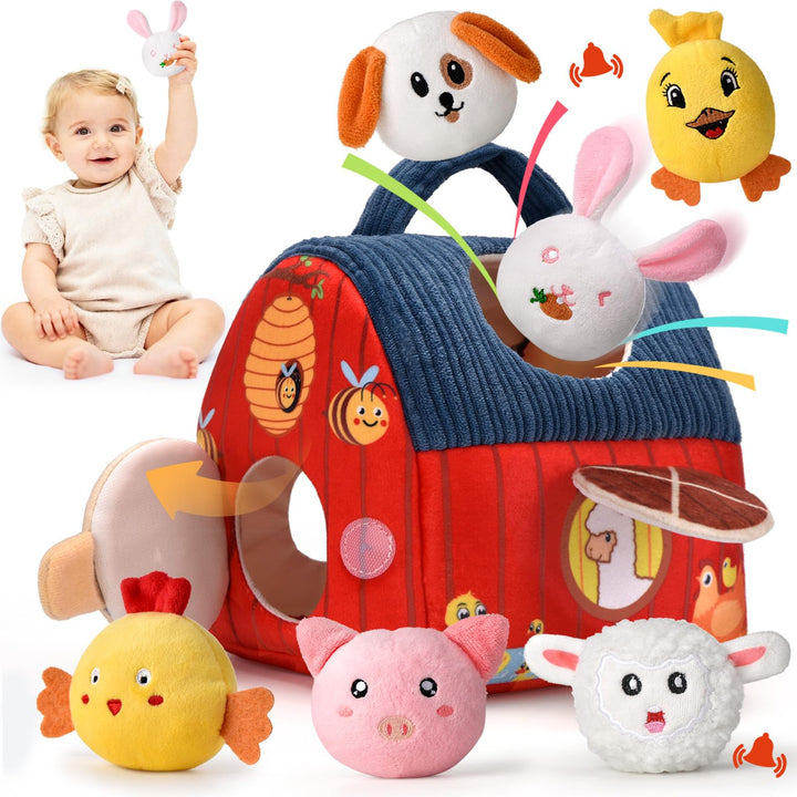 Montessori Baby Spielzeug ab 6 -12 Monate - Weiches Bauernhof-Set mit 6 Tieren, Rassel & Spiegel, Se