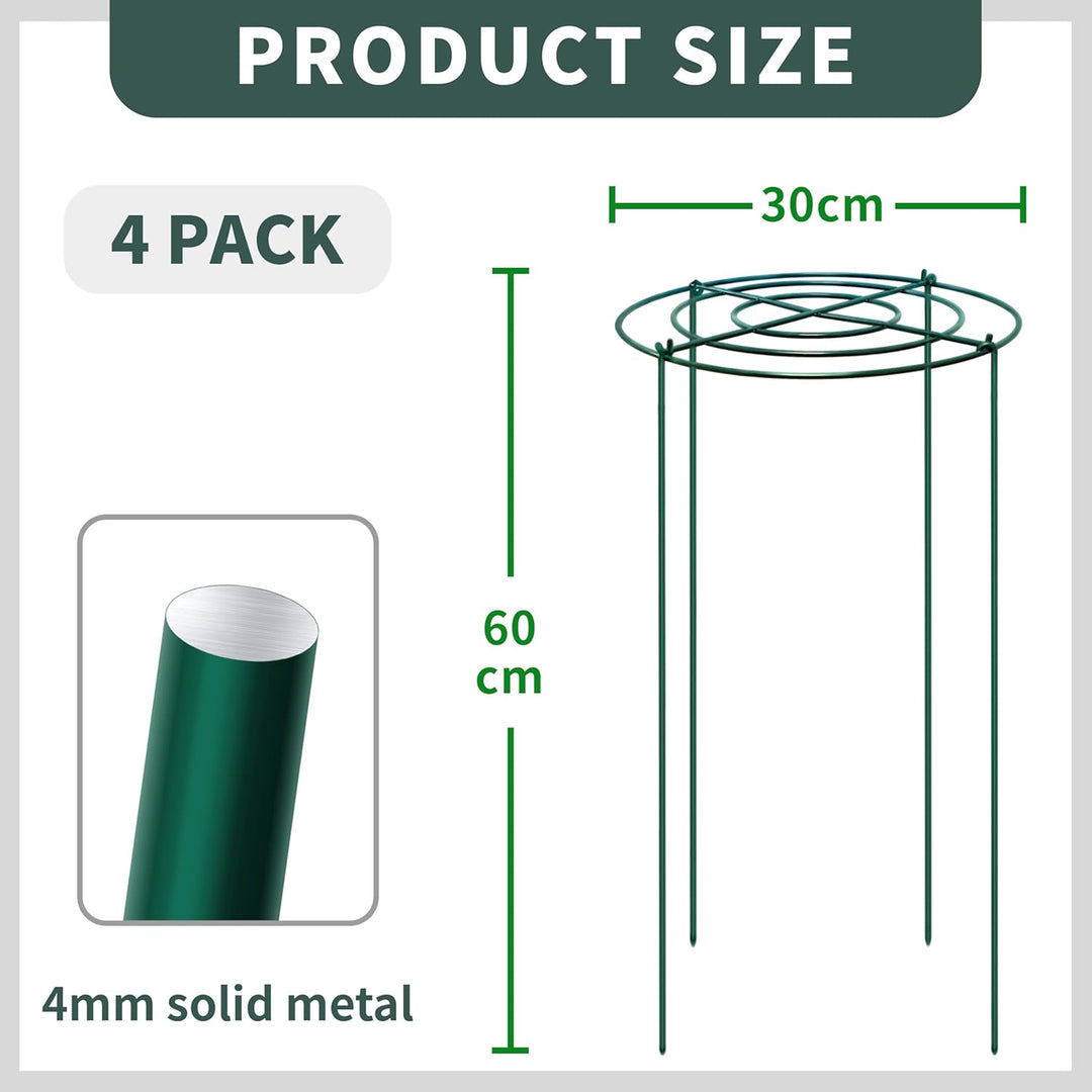 4 Stück Pfingstrosen Halterung/Pflanzringe Rund (30cm Ø x 60cm H) – Stabile Grüne Metall-Staudenhalt