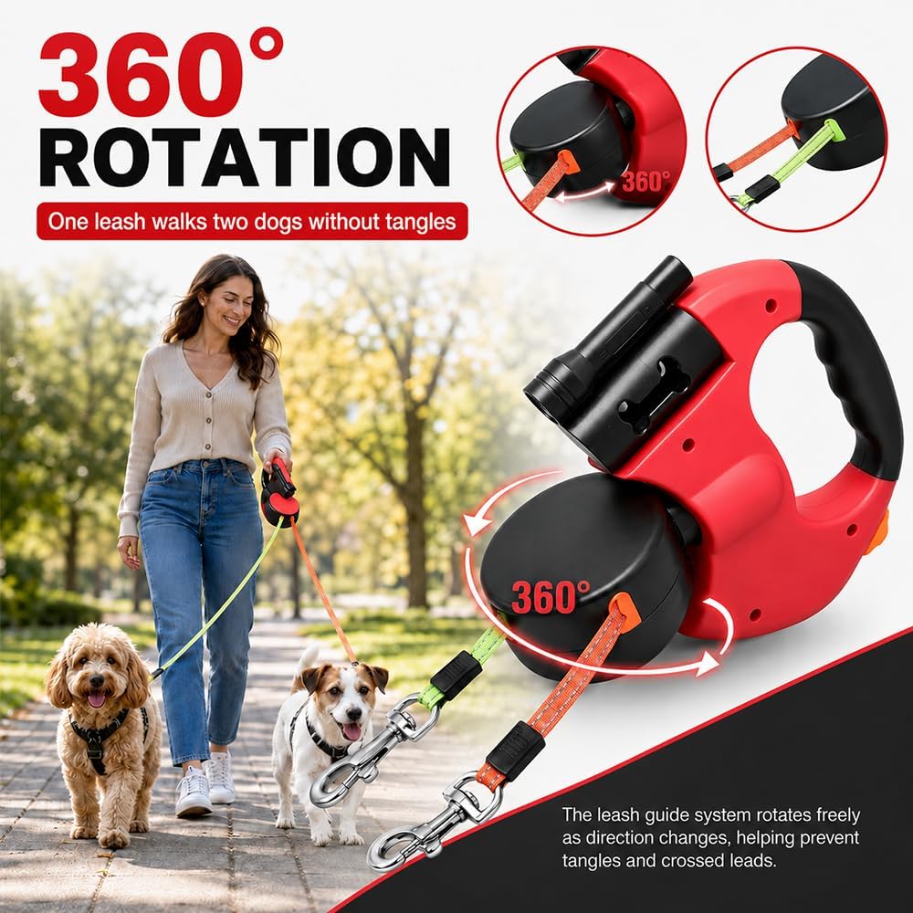 Doppelte Einziehbare Hundeleine, 3M Flexible Einziehbare Hundeleine Doppelleine fur Zwei Hunde mit L