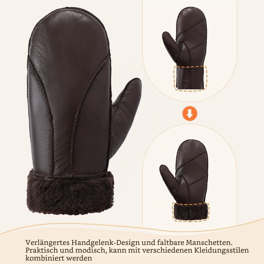 MGGMOKAY Damen Fäustlinge für Winter Damen Lammfell Shearling Fäustlinge Winter Lederhandschuh M Bra