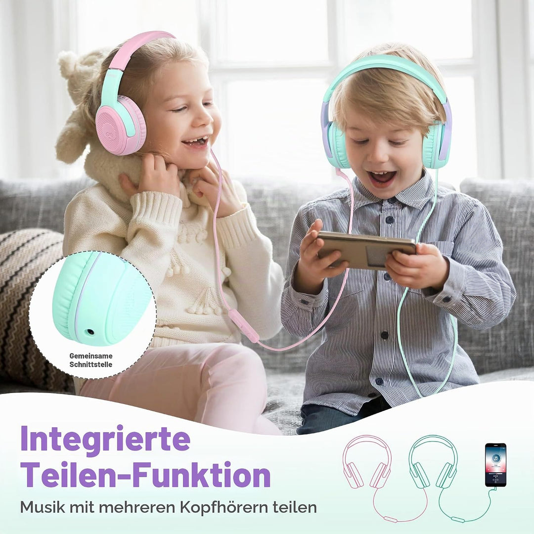 RockPapa Share 1 Kopfhörer Kinder Schule Mädchen Junge, 85dB/94dB Lautstärkebegrenzung, Sharing-Funk