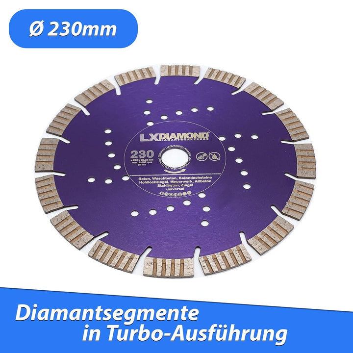 LXDIAMOND Diamant-Trennscheibe 230mm x 22,23mm - Segmente 15mm - passend für Beton Stahlbeton Waschb