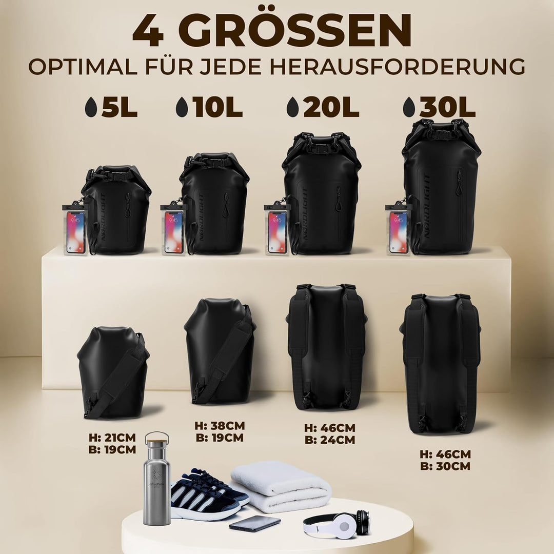 Nordlight Dry Bag wasserdichte Tasche mit Handyhülle + Roll-Top, Schultergurt | Drybag wasserfester