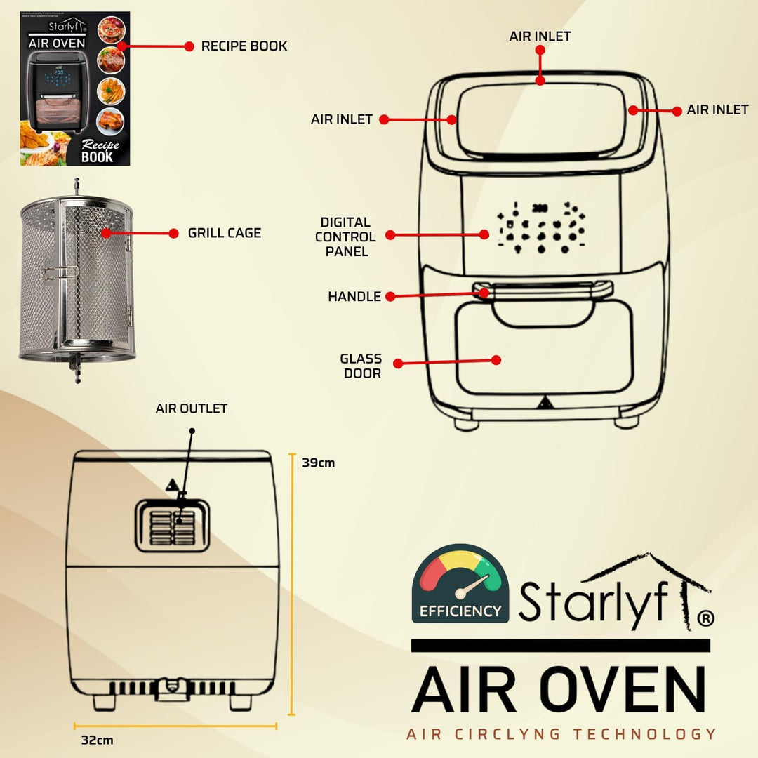 Starlyf Heissluftfritteuse Air Oven XL, 1700 W, 12 Liter Fritteuse mit 10 Programmen, Rotisserie-Fun