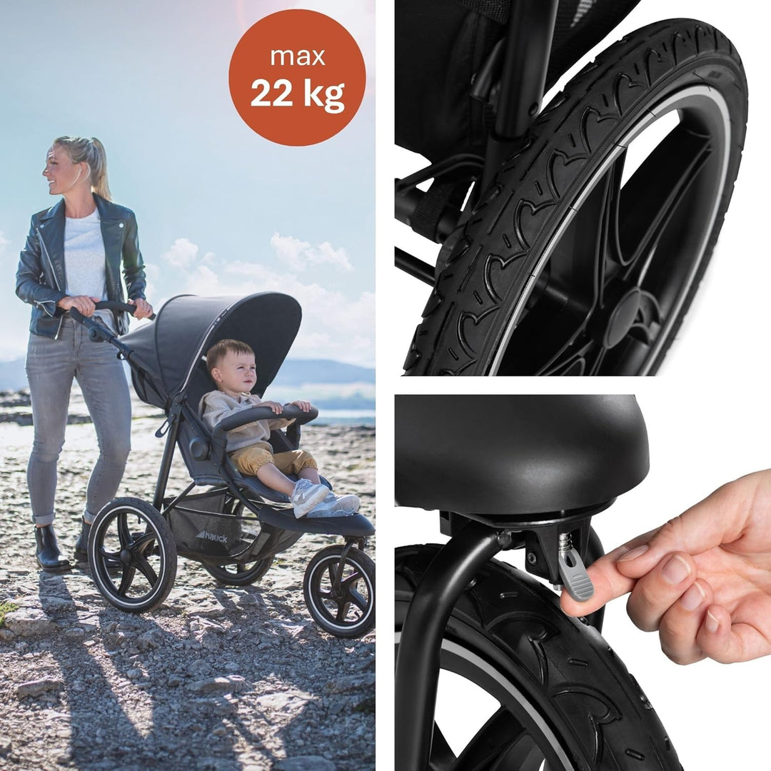 Hauck Kinder Buggy Runner 2, Grosse Luftreifen 3 Rad, Bis 25 kg, mit Liegefunktion und Netzfenster,