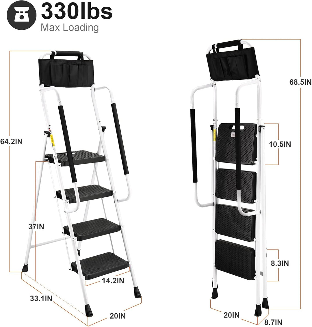 HBTower Leiter 4 Stufen, Trittleiter mit Handläufen, klappbarer Tritthocker mit ansteckbarer Werkzeu