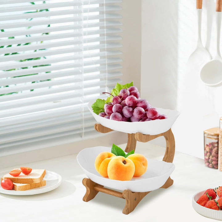 Obst Etagere mit 2 Etagen, Offener Obstschale für Leichten Zugang, Bambus Obstkorb Etagere mit Schal