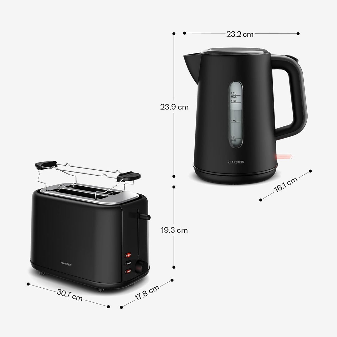 Klarstein Velaire Toaster Wasserkocher Set – 2 Scheiben Toaster mit 7 Bräunungsstufen, Brötchenaufsa