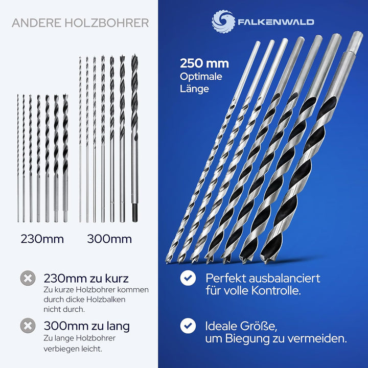 Falkenwald Holzbohrer Set lang 7tlg. + Koffer - Holzbohrer lang für präzise Bohrungen in Weich- und