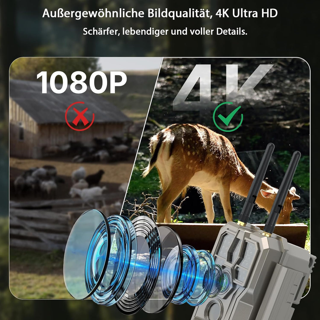 GardePro E8 2.0 Wildkamera Dual Antenne WLAN mit 64GB SD Karte, 64MP H.264 4K Video, 30m Infrarot Na