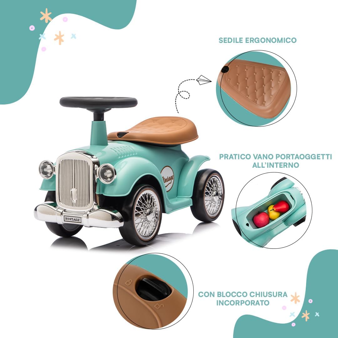 Vintage Rutschfahrzeug für Kinder von 12 bis 36 Monaten, Retro Rutschauto mit Hupe, Staufach, Lenkst