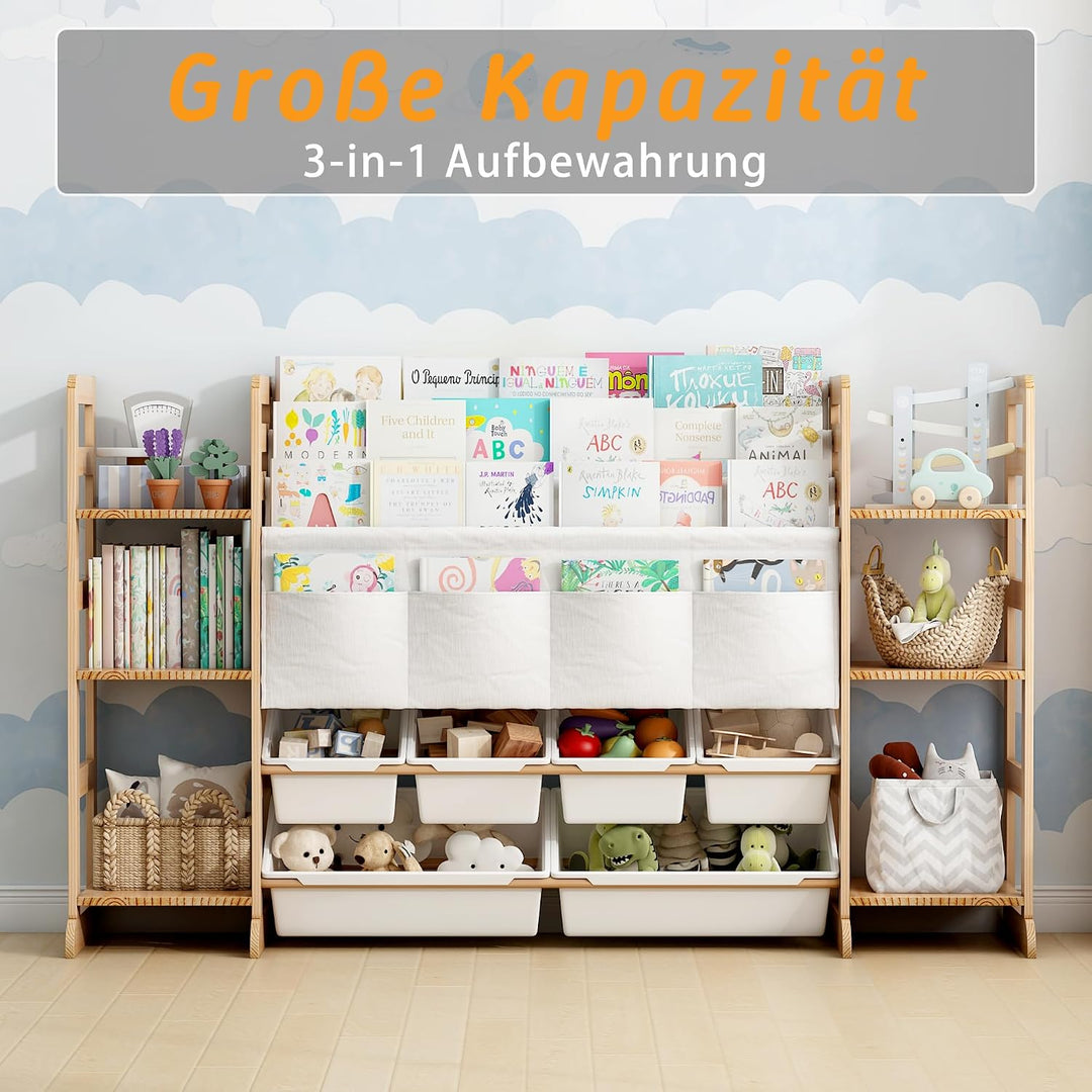 Spielzeug-Organizer Holz mit 16 Spielzeug Organizer 188cm Breit, Bücherregal Kinder Holz, Regal für