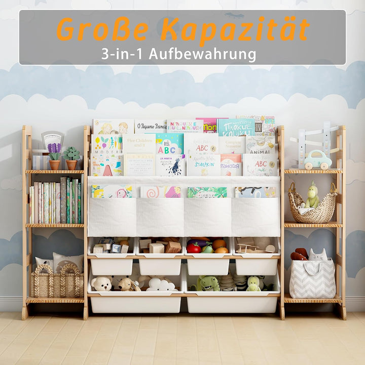 Spielzeug-Organizer Holz mit 16 Spielzeug Organizer 188cm Breit, Bücherregal Kinder Holz, Regal für
