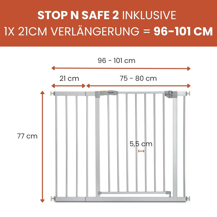 Hauck Treppenschutzgitter / Türschutzgitter Stop N Safe 2 incl. 21 cm Verlängerung, für Breiten 96 -