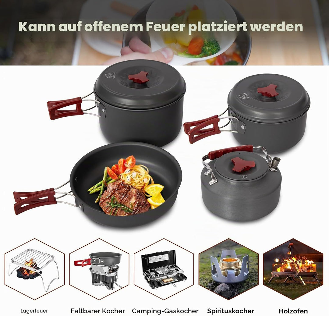 Bulin Camping Kochgeschirr Set,Outdoor Camping Kochset Aluminium,Camping Töpfe und Pfannen für 1-2-4