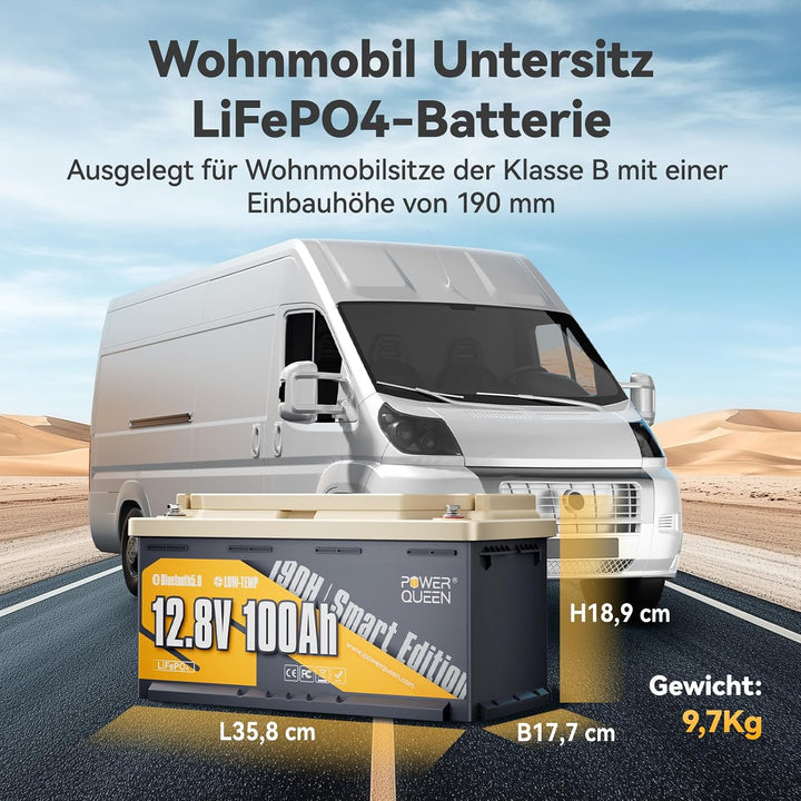 Power Queen LiFePO4 12V 100Ah H190 Bluetooth Lithium Batterie, niedertemperaturgeschützt mit 100A BM