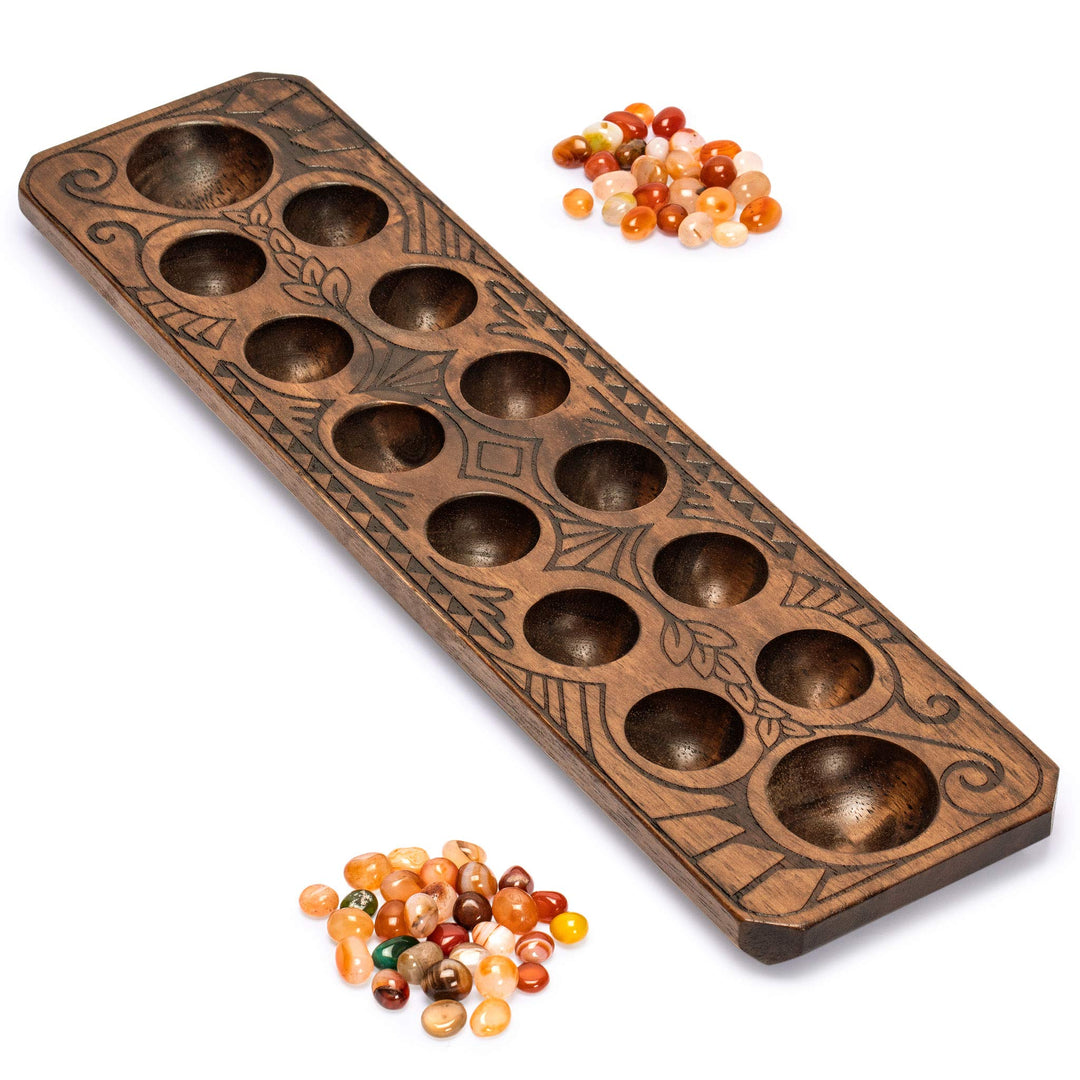 Yellow Mountain Imports Mancala-Set mit 44 Zentimeter Massivholzbrett und Quarzkiesel-Spielsteinen –