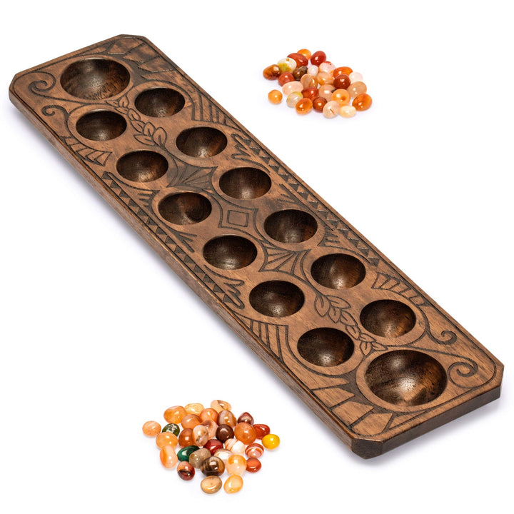 Yellow Mountain Imports Mancala-Set mit 44 Zentimeter Massivholzbrett und Quarzkiesel-Spielsteinen –