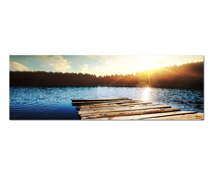 Paul Sinus Art Panoramabild auf Leinwand und Keilrahmen 150x50cm See Holzsteg Wald Sonnenuntergang
