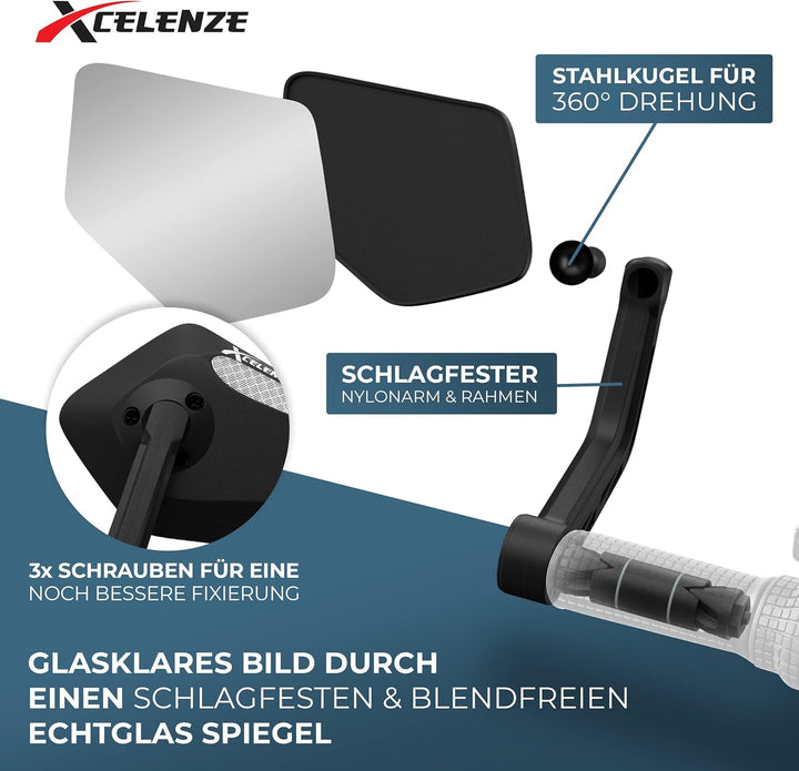 Xcelenze - Fahrradspiegel extra grosse Spiegelfläche |schlagfestes Echtglas| für Lenker ebike | Rück