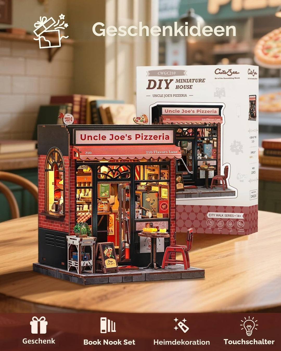 CUTEBEE Book Nook Kit - DIY Miniaturhaus Bausatz (Pizzeria-Szene) mit LED-Beleuchtung, Retro Bücherr