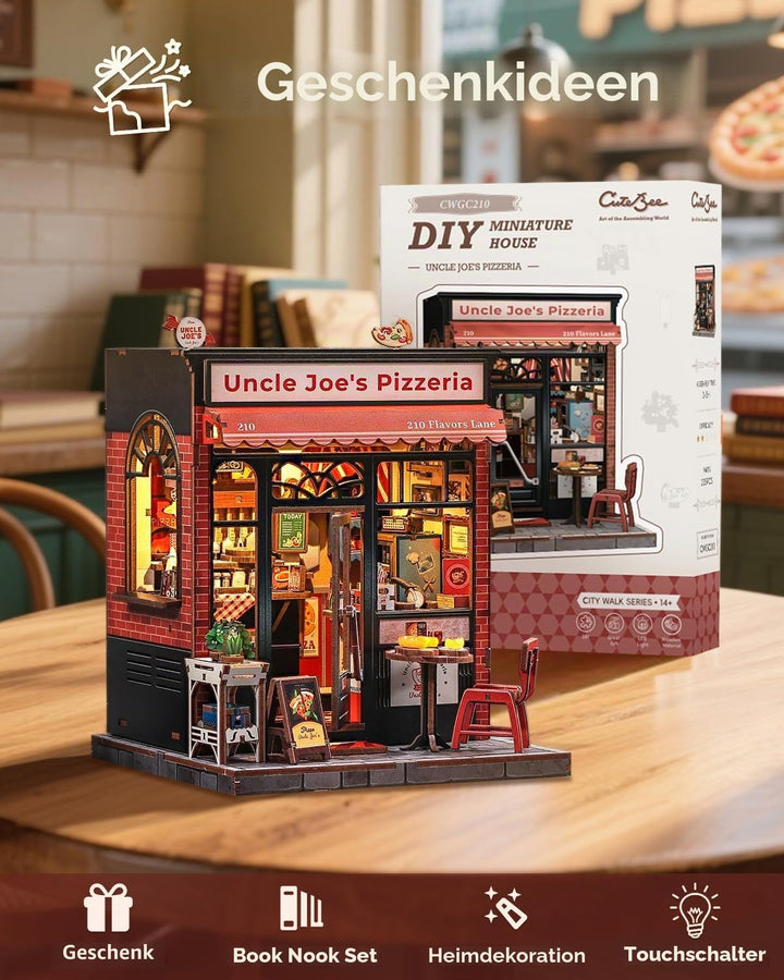 CUTEBEE Book Nook Kit - DIY Miniaturhaus Bausatz (Pizzeria-Szene) mit LED-Beleuchtung, Retro Bücherr