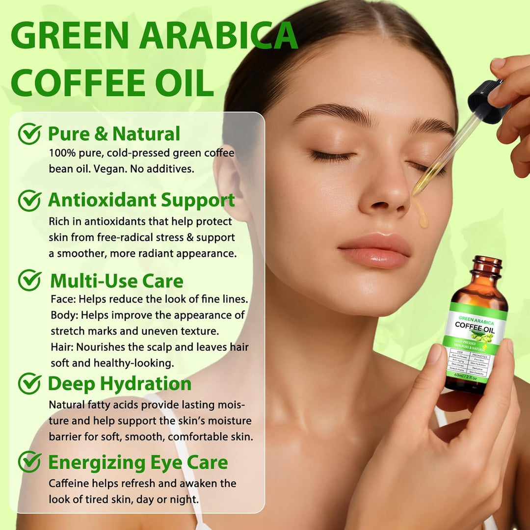 2PCS Kaffeeöl Gegen Falten - 100% Rein und Natürlich Grünes Arabica-Kaffeeöl für Gesicht Körper Haar