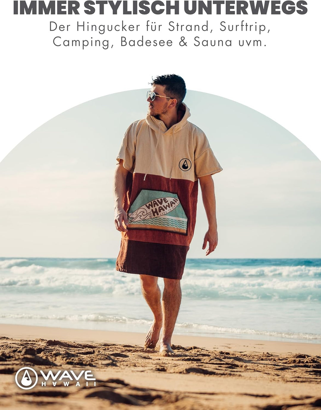 WAVE HAWAII Campeche Surfponcho für Körpergrössen von 155-185cm Poncho 100% ÖKO Baumwolle Umkleidehi
