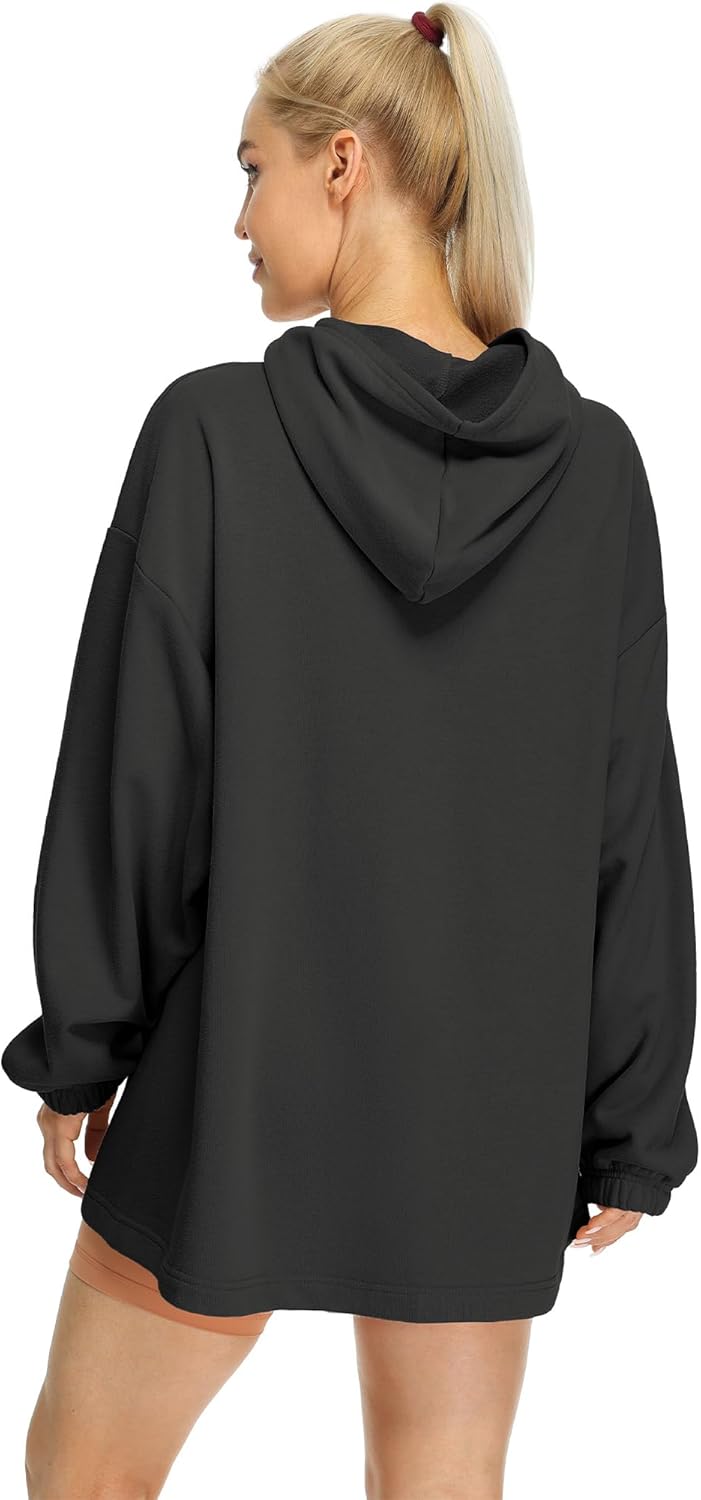icyzone Damen Lang Oversize Hoodie Fleece Kapuzenpullover Casual Sweatshirt mit Kängurutasche S Schw