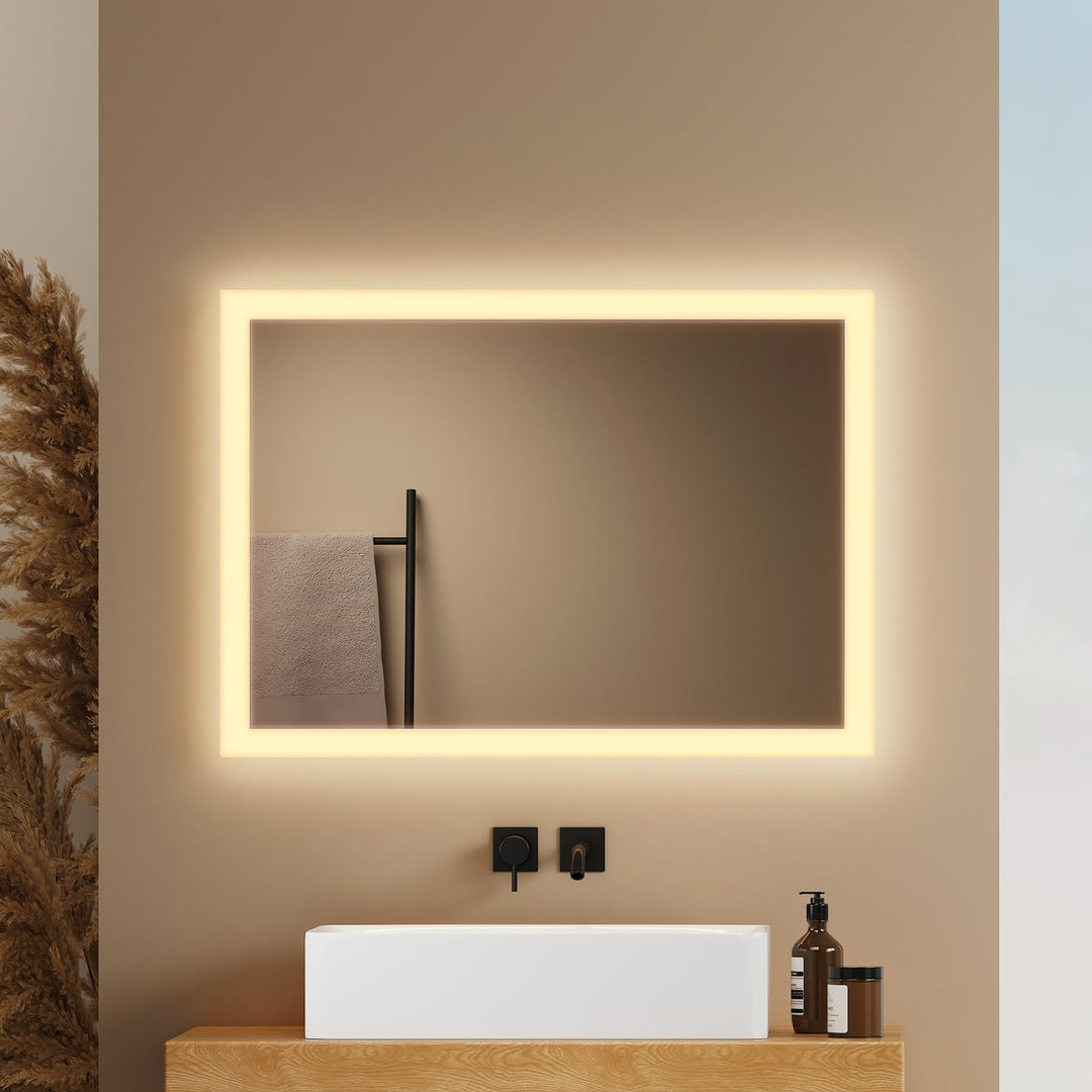 EMKE® Badspiegel mit Beleuchtung 70x50cm Badezimmerspiegel 3000K Warmweiss Wandschalter Vertikal/Hor