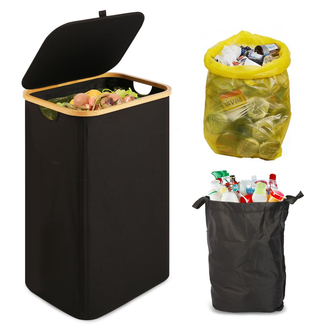 Gelber Sack Ständer 100L mit Deckel - Mülleimer für Gelbe Säcke, Bambusrahmen, Fester Stand & Klettv