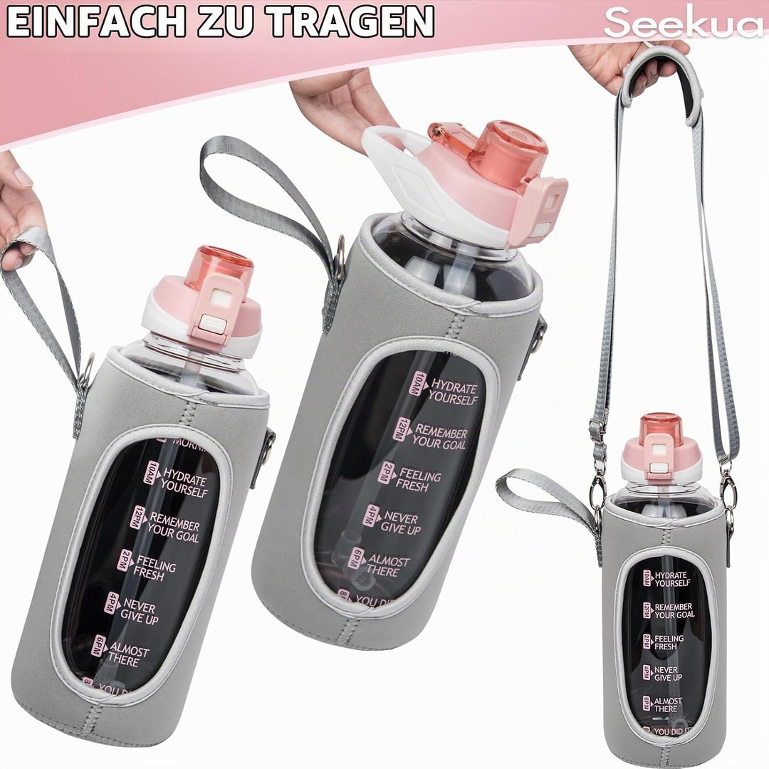 Seekua 2l Sport Trinkflasche Glas Flasche mit Strohhalm &amp; Zeitmarkierung auslaufsicher bpa frei 2 li