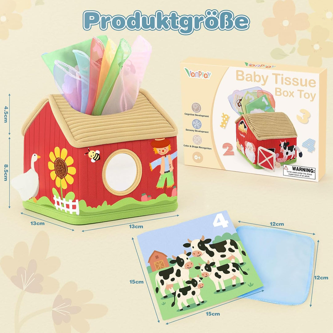 Vanplay Baby Spielzeug 6 Monate, Montessori Spielzeug Bauernhof-Thema Tissue Box Spielzeug mit Schal