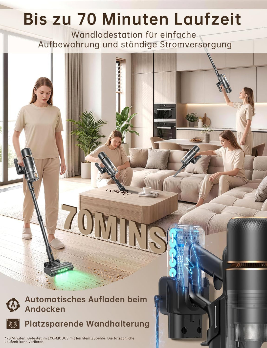 OXVAC Akku Staubsauger kabellos 58KPa/70Min/600W Smart Display 1,8L Behälter HEPA-Abstreifer selbsts