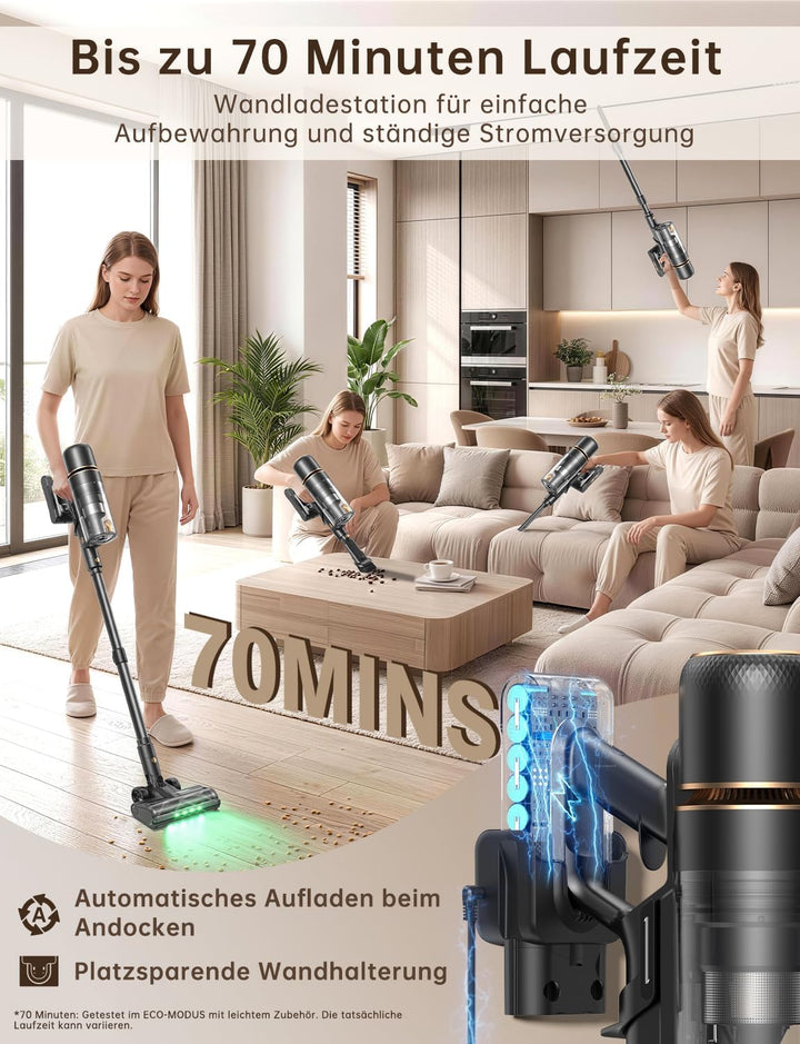 OXVAC Akku Staubsauger kabellos 58KPa/70Min/600W Smart Display 1,8L Behälter HEPA-Abstreifer selbsts
