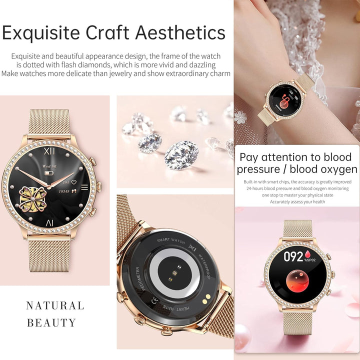 Smartwatch Damen mit Telefonfunktion, 1,32 Fitnessuhr Diamond Damen, Fitness Tracker Uhr mit Menstru