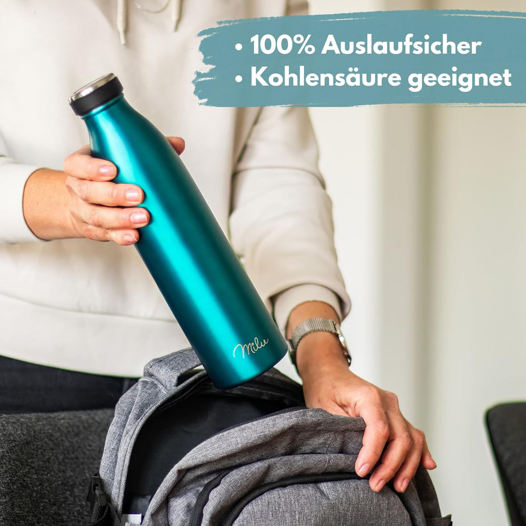 Milu Edelstahl Trinkflasche 500ml, 750ml, 1L, 1,5L – Thermosflasche, Isolierte Wasserflasche, Auslau