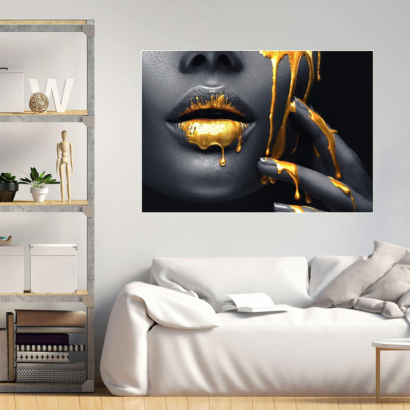 wandmotiv24 Poster als Wanddeko, Grösse 100x70cm, Frauen Lippen mit Goldener Farbe, Beauty, Frau, Ma