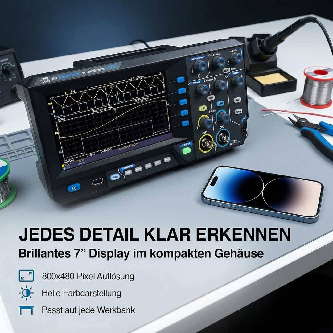 PeakTech 1403, Digital Speicher Oszilloskop, 2 Kanal, 50 MHz, 500 MS/s, USB Schnittstelle, PC Softwa