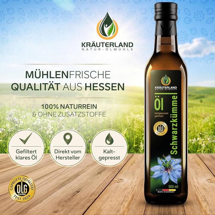 Kräuterland Schwarzkümmelöl 500ml, gefiltert, 100% Nigella Sativa, ohne Zusatz von Aromen-, Farb- &