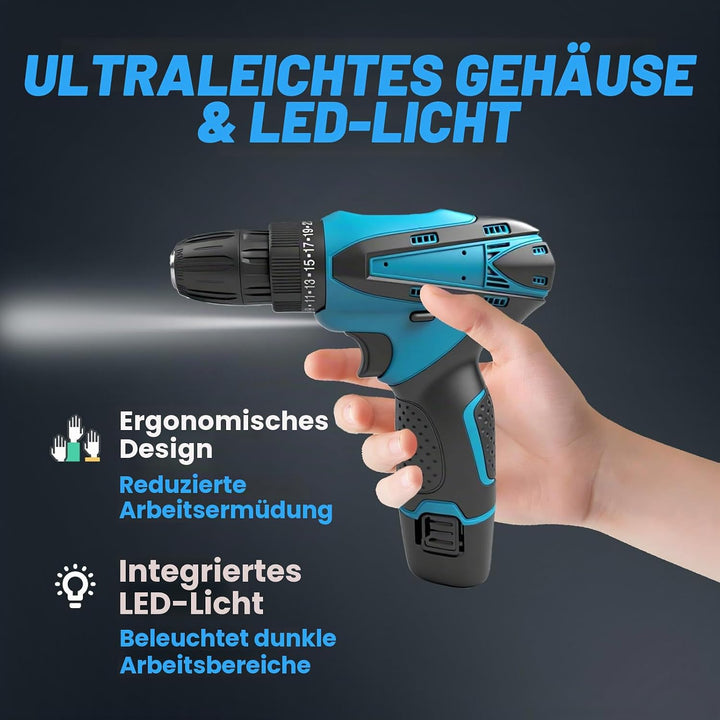 Akkuschrauber, 12V Akku Bohrschrauber Set, 25+1 Akkubohrer 25Nm Drehmoment Max, 23tlg Zubehör und Tr