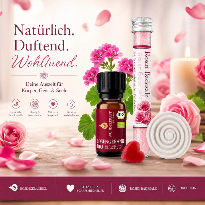 Wellness Geschenkset für Frauen mit Bio Rosengeranienöl, Rosen Badesalz &amp; Duftstein | Wellness Set f